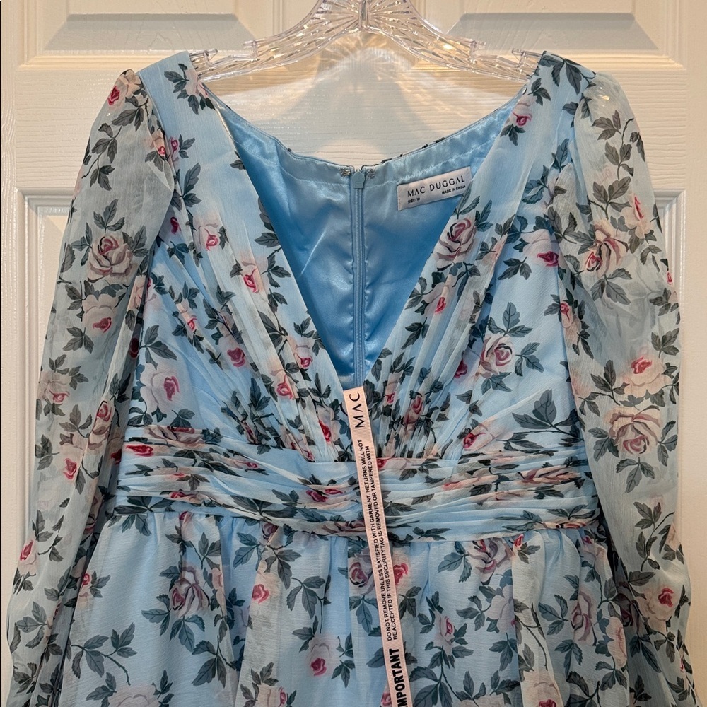 Mac Duggal 55880 Blue Puff Sleeve Floral Printed Dress Size 10 - Picture 9 of 12